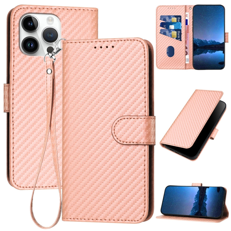 For iPhone 15 Pro Max YX0070 Carbon Fiber Buckle Leather Phone Case with Lanyard(Pink) - HoMEdemic™ 
