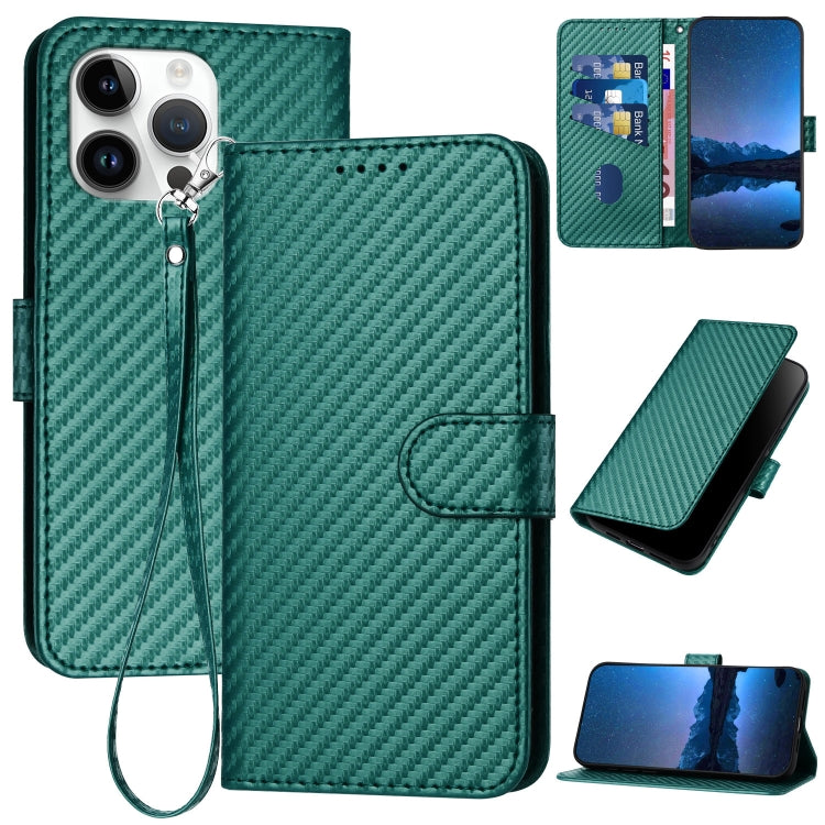 For iPhone 15 Pro Max YX0070 Carbon Fiber Buckle Leather Phone Case with Lanyard(Dark Green) - HoMEdemic™ 