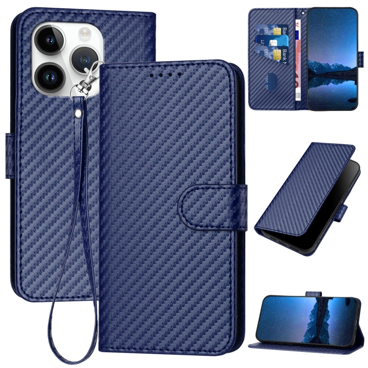 For iPhone 15 Pro YX0070 Carbon Fiber Buckle Leather Phone Case with Lanyard(Royal Blue) - HoMEdemic™ 