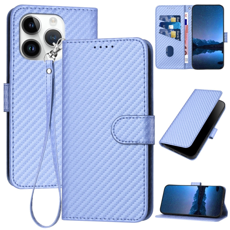 For iPhone 15 Pro YX0070 Carbon Fiber Buckle Leather Phone Case with Lanyard(Light Purple) - HoMEdemic™ 