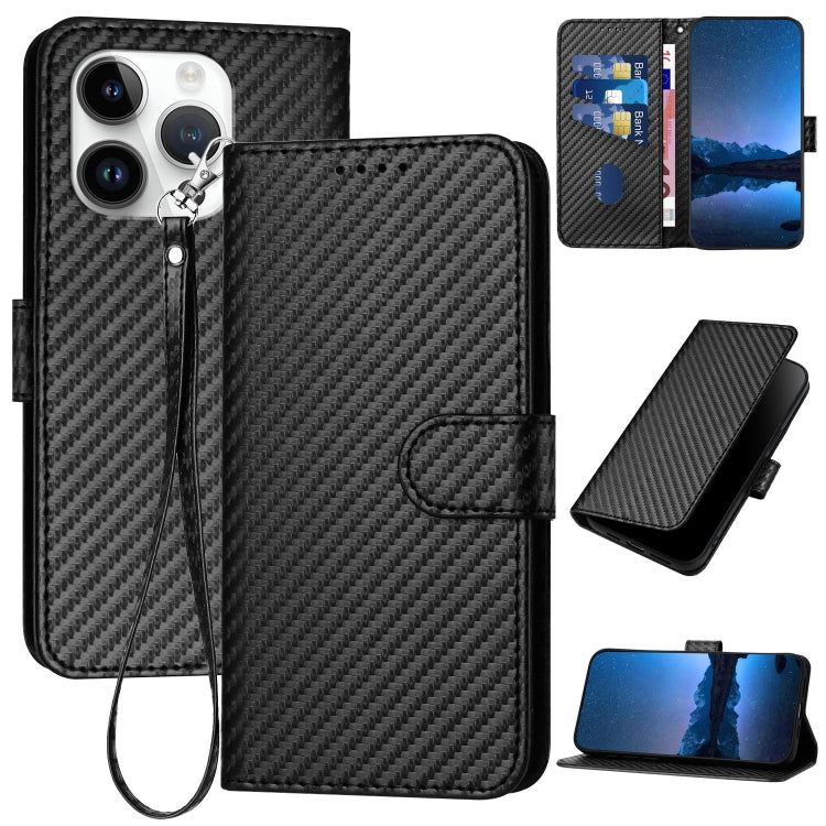 For iPhone 15 Pro YX0070 Carbon Fiber Buckle Leather Phone Case with Lanyard(Black) - HoMEdemic™ 