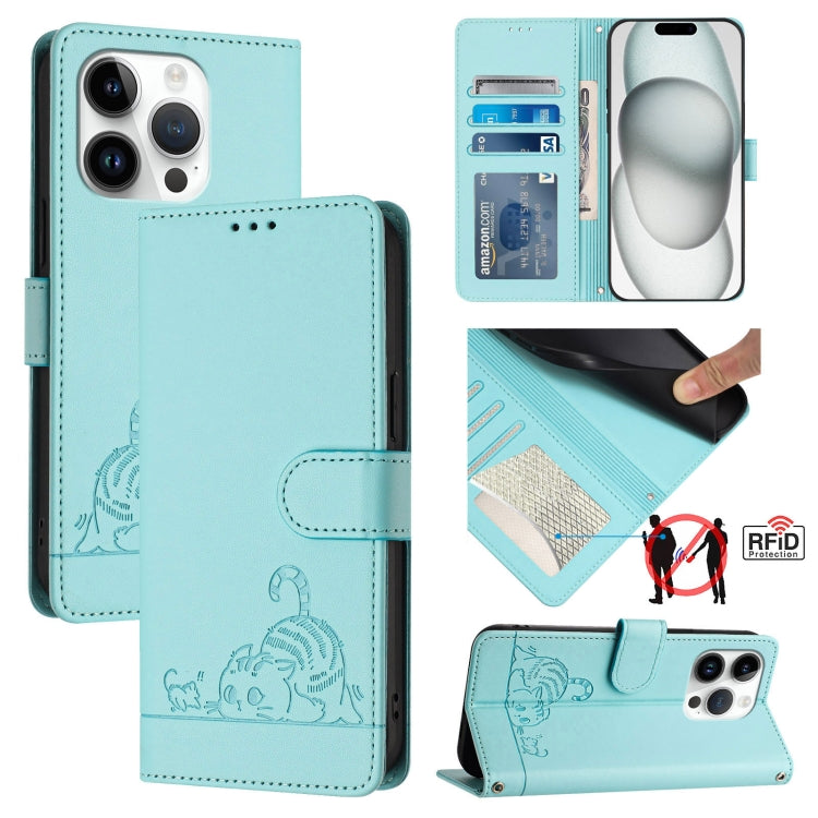 For iPhone 15 Pro Cat Rat Embossed Pattern RFID Leather Phone Case with Lanyard(Mint Green) - HoMEdemic™ 
