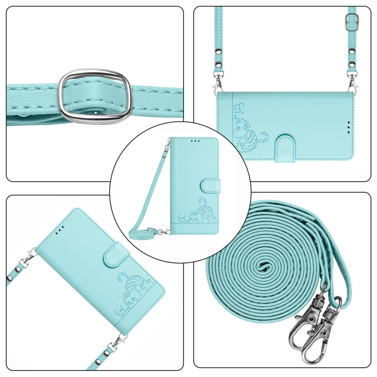 For iPhone 15 Pro Cat Rat Embossed Pattern RFID Leather Phone Case with Lanyard(Mint Green) - HoMEdemic™ 