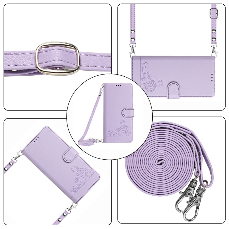 For iPhone 15 Pro Cat Rat Embossed Pattern RFID Leather Phone Case with Lanyard(Purple) - HoMEdemic™ 