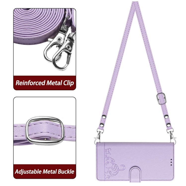 For iPhone 15 Pro Cat Rat Embossed Pattern RFID Leather Phone Case with Lanyard(Purple) - HoMEdemic™ 