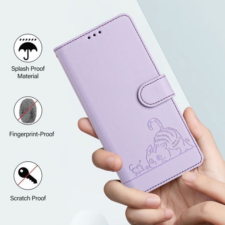 For iPhone 15 Pro Cat Rat Embossed Pattern RFID Leather Phone Case with Lanyard(Purple) - HoMEdemic™ 