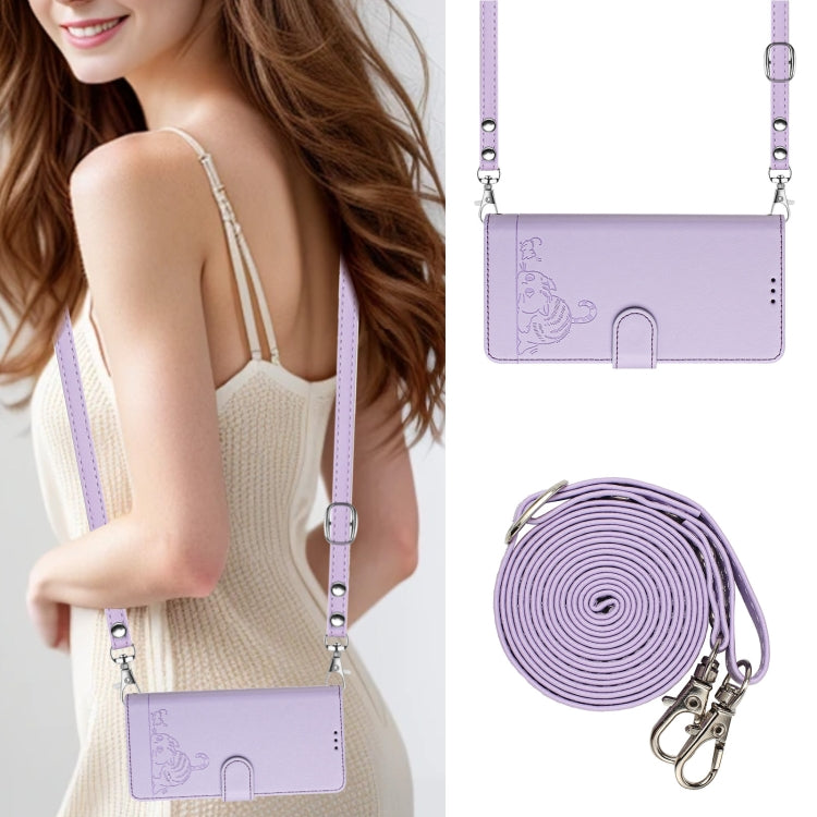 For iPhone 15 Pro Cat Rat Embossed Pattern RFID Leather Phone Case with Lanyard(Purple) - HoMEdemic™ 