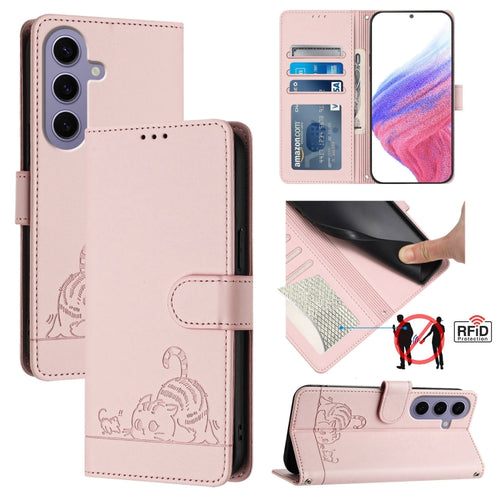 For Samsung Galaxy S24 5G Cat Rat Embossed Pattern RFID Leather Phone Case with Lanyard(Pink) - HoMEdemic™ 