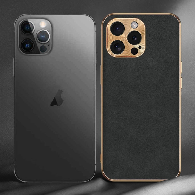 For iPhone 15 Pro Max Electroplating Lambskin Leather Phone Case(Black) - HoMEdemic™ 