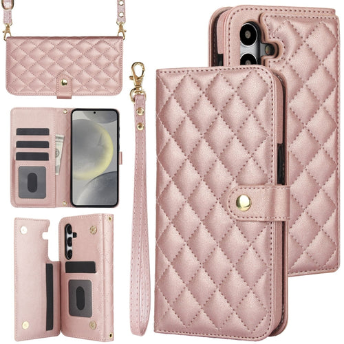 For Samsung Galaxy S24 5G Crossbody Multifunction Rhombic Leather Phone Case(Rose Gold) - HoMEdemic™ 