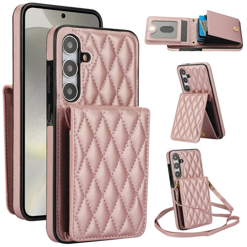 For Samsung Galaxy S24 5G YM015 Crossbody Rhombic Card Bag RFID Phone Case(Rose Gold) - HoMEdemic™ 