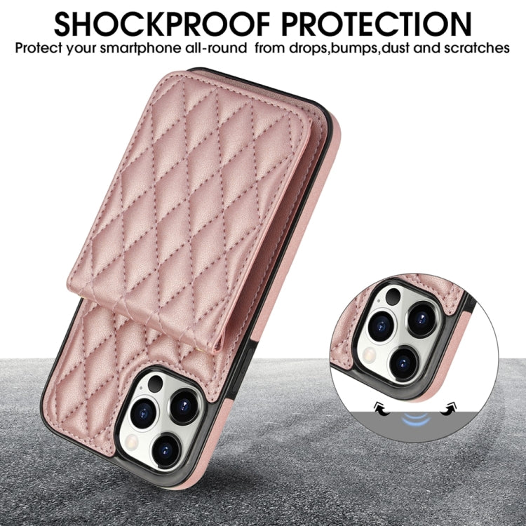 For iPhone 15 Pro Max YM015 Crossbody Rhombic Card Bag RFID Phone Case(Rose Gold) - HoMEdemic™ 