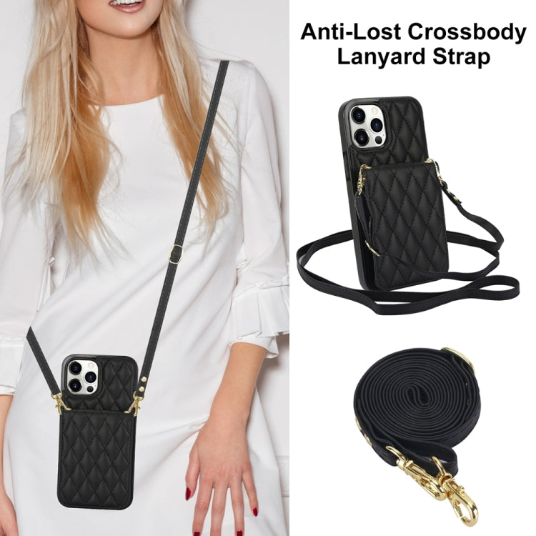 For iPhone 15 Pro YM015 Crossbody Rhombic Card Bag RFID Phone Case(Black) - HoMEdemic™ 