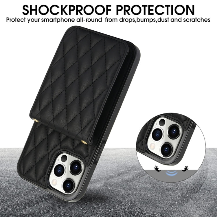 For iPhone 15 Pro YM015 Crossbody Rhombic Card Bag RFID Phone Case(Black) - HoMEdemic™ 