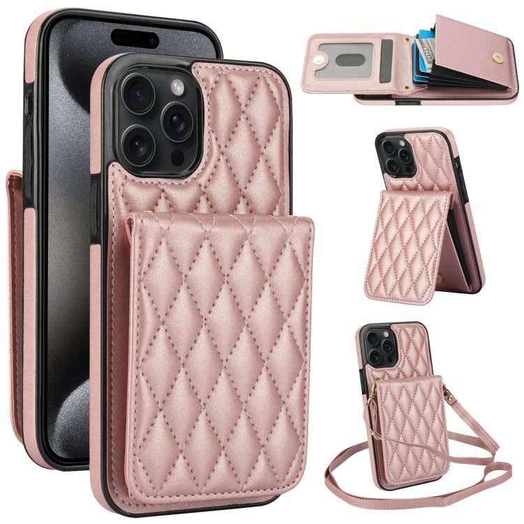 For iPhone 15 Pro YM015 Crossbody Rhombic Card Bag RFID Phone Case(Rose Gold) - HoMEdemic™ 