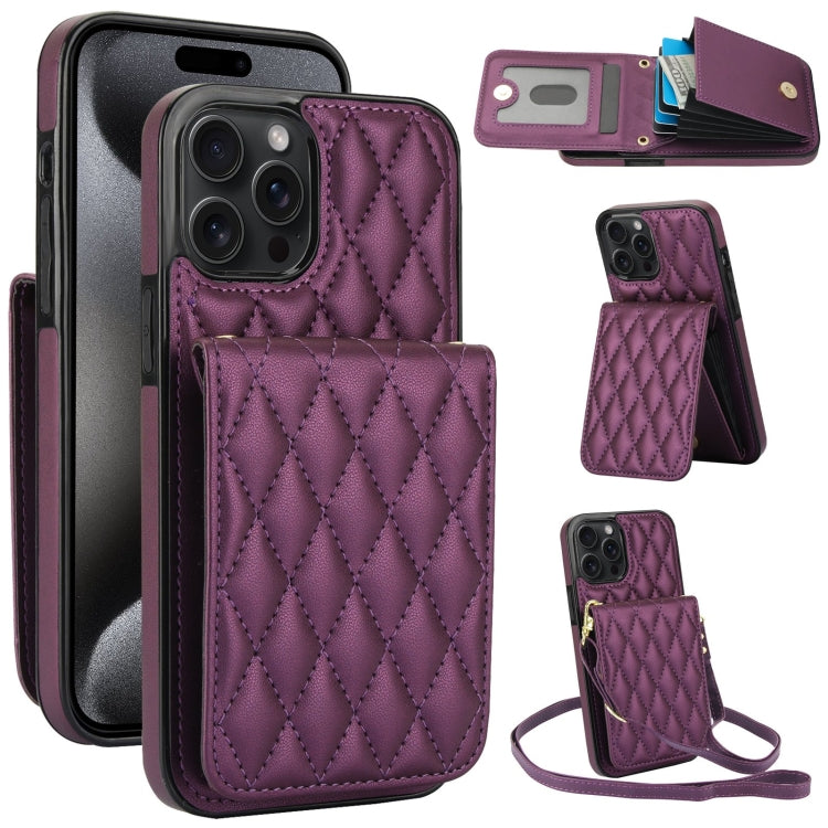 For iPhone 15 Pro YM015 Crossbody Rhombic Card Bag RFID Phone Case(Dark Purple) - HoMEdemic™ 
