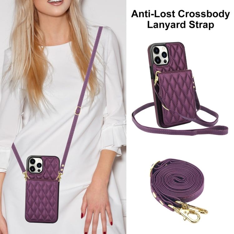 For iPhone 15 Pro YM015 Crossbody Rhombic Card Bag RFID Phone Case(Dark Purple) - HoMEdemic™ 