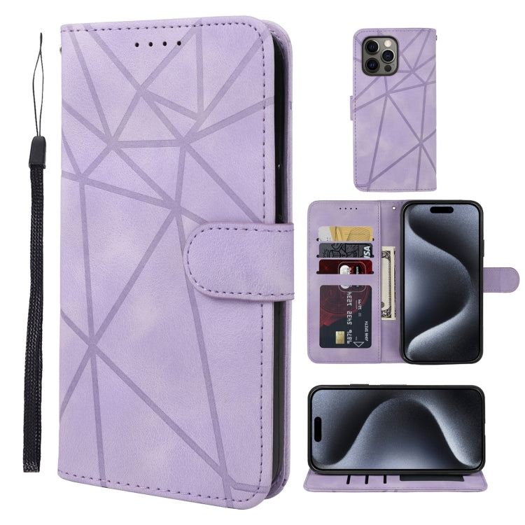 For iPhone 15 Pro Max Skin Feel Geometric Lines Leather Phone Case(Purple) - HoMEdemic™ 