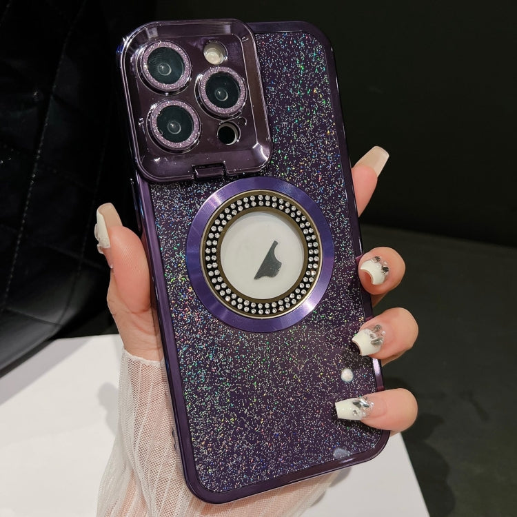 For iPhone 15 Pro Starry Glitter MagSafe Lens Holder Phone Case(Purple) - HoMEdemic™ 
