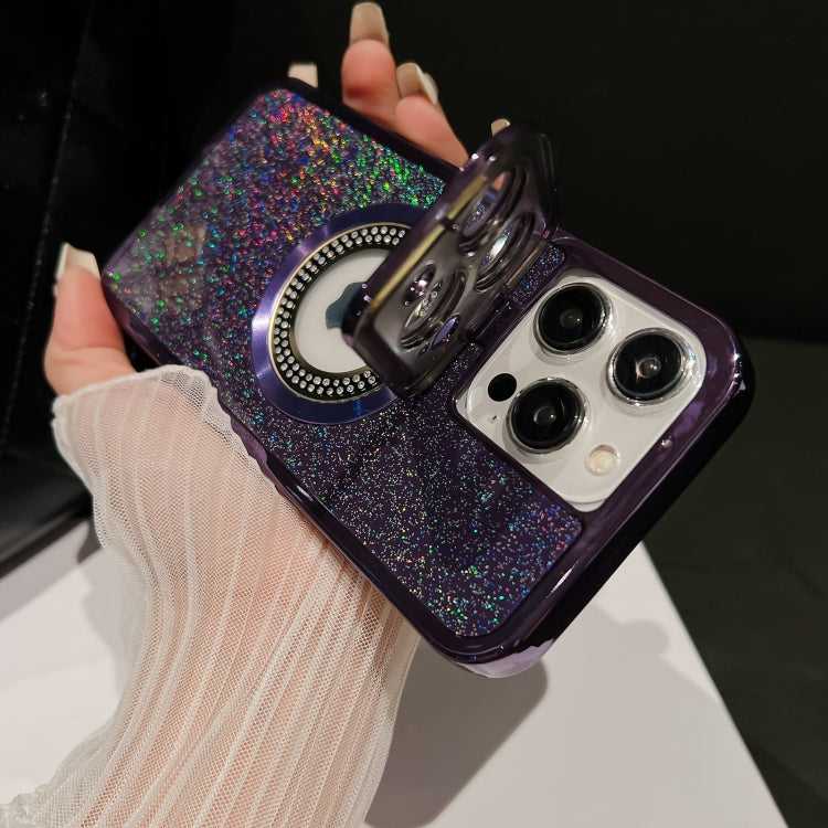 For iPhone 15 Pro Starry Glitter MagSafe Lens Holder Phone Case(Purple) - HoMEdemic™ 
