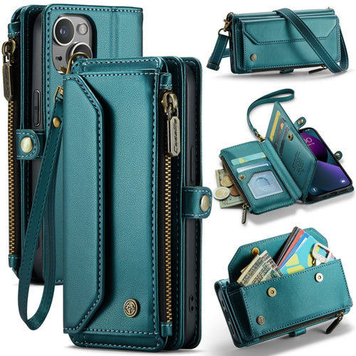 For iPhone 13 CaseMe C36 Card Slots Zipper Wallet RFID Anti-theft Leather Phone Case(Blue-green) - HoMEdemic™ 