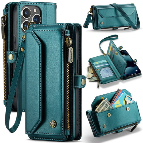 For iPhone 13 Pro CaseMe C36 Card Slots Zipper Wallet RFID Anti-theft Leather Phone Case(Blue-green) - HoMEdemic™ 