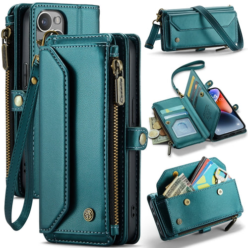 For iPhone 14 CaseMe C36 Card Slots Zipper Wallet RFID Anti-theft Leather Phone Case(Blue-green) - HoMEdemic™ 