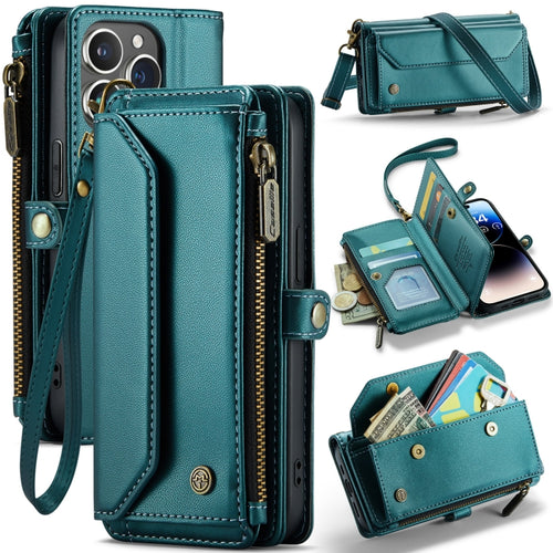 For iPhone 14 Pro CaseMe C36 Card Slots Zipper Wallet RFID Anti-theft Leather Phone Case(Blue-green) - HoMEdemic™ 