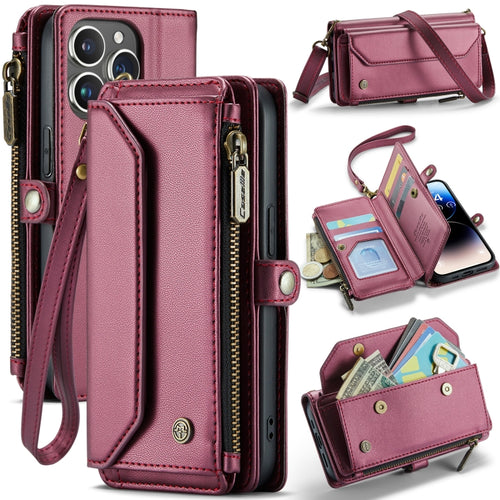 For iPhone 14 Pro CaseMe C36 Card Slots Zipper Wallet RFID Anti-theft Leather Phone Case(Wine Red) - HoMEdemic™ 