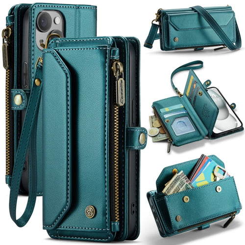 For iPhone 15 CaseMe C36 Card Slots Zipper Wallet RFID Anti-theft Leather Phone Case(Blue-green) - HoMEdemic™ 