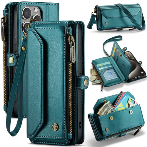 For iPhone 15 Pro CaseMe C36 Card Slots Zipper Wallet RFID Anti-theft Leather Phone Case(Blue-green) - HoMEdemic™ 