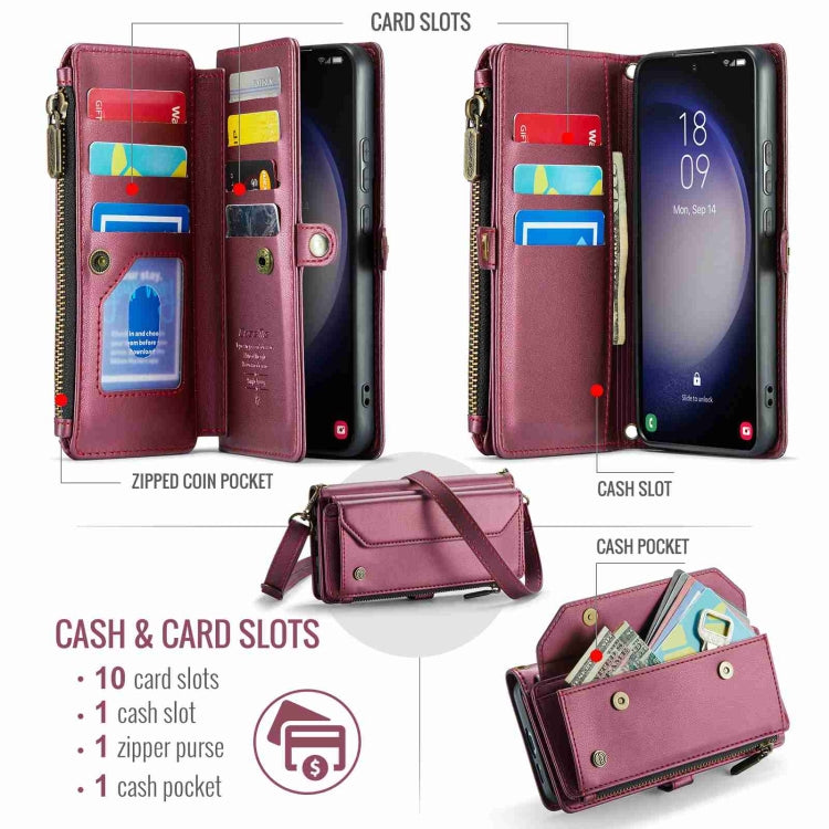 For Samsung Galaxy S23+ 5G CaseMe C36 Card Slots Zipper Wallet RFID Anti-theft Leather Phone Case(Wine Red) - HoMEdemic™ 