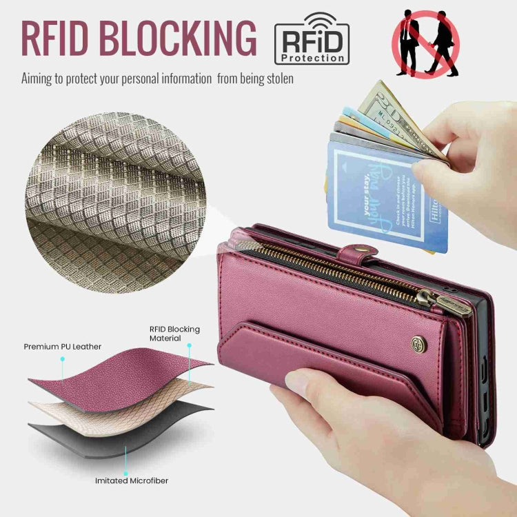 For Samsung Galaxy S24 Ultra 5G CaseMe C36 Card Slots Zipper Wallet RFID Anti-theft Leather Phone Case(Wine Red) - HoMEdemic™ 