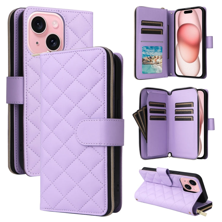 For iPhone 15 Crossbody Rhombic Zipper Tower Buckle Leather Phone Case with Lanyard(Purple) - HoMEdemic™ 