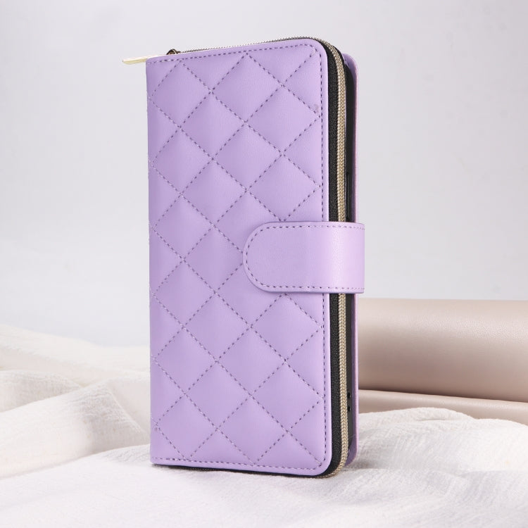 For iPhone 15 Crossbody Rhombic Zipper Tower Buckle Leather Phone Case with Lanyard(Purple) - HoMEdemic™ 
