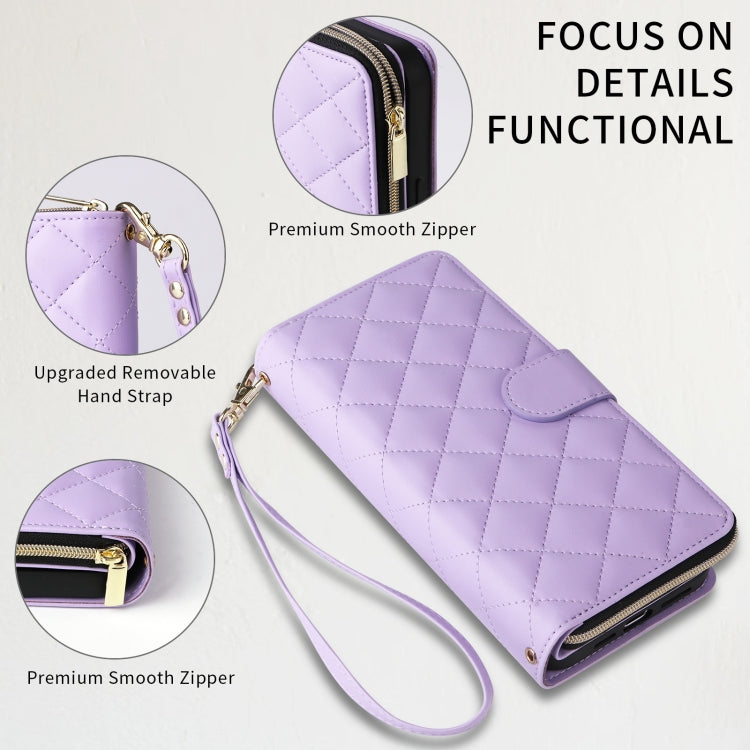 For iPhone 15 Crossbody Rhombic Zipper Tower Buckle Leather Phone Case with Lanyard(Purple) - HoMEdemic™ 