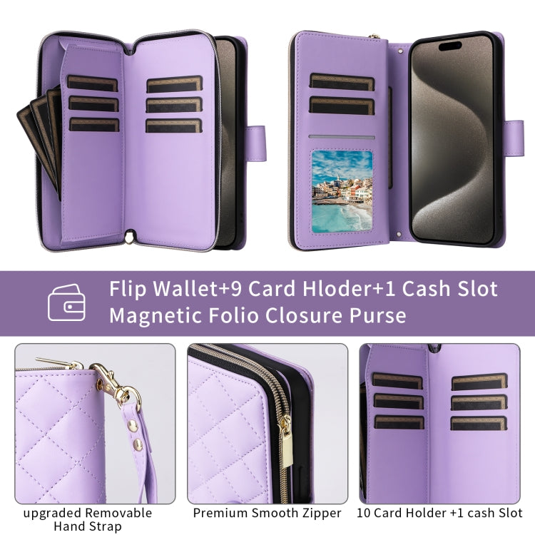 For iPhone 15 Crossbody Rhombic Zipper Tower Buckle Leather Phone Case with Lanyard(Purple) - HoMEdemic™ 