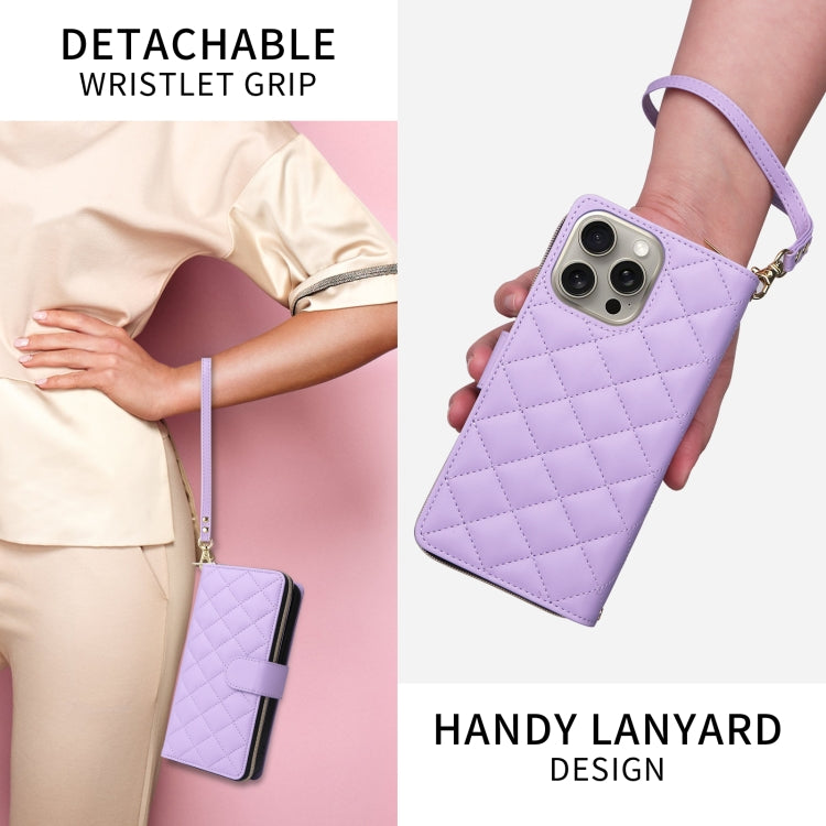 For iPhone 15 Crossbody Rhombic Zipper Tower Buckle Leather Phone Case with Lanyard(Purple) - HoMEdemic™ 