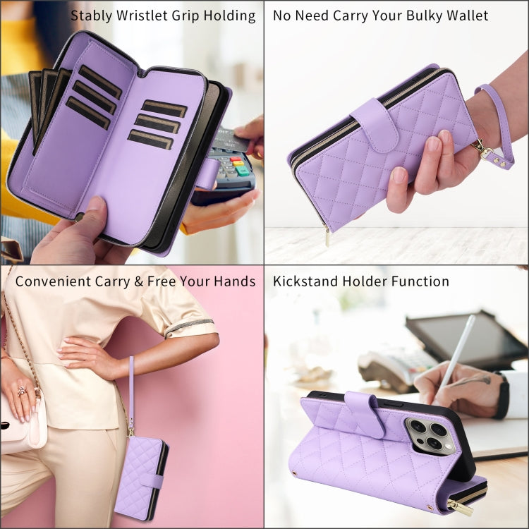 For iPhone 15 Crossbody Rhombic Zipper Tower Buckle Leather Phone Case with Lanyard(Purple) - HoMEdemic™ 