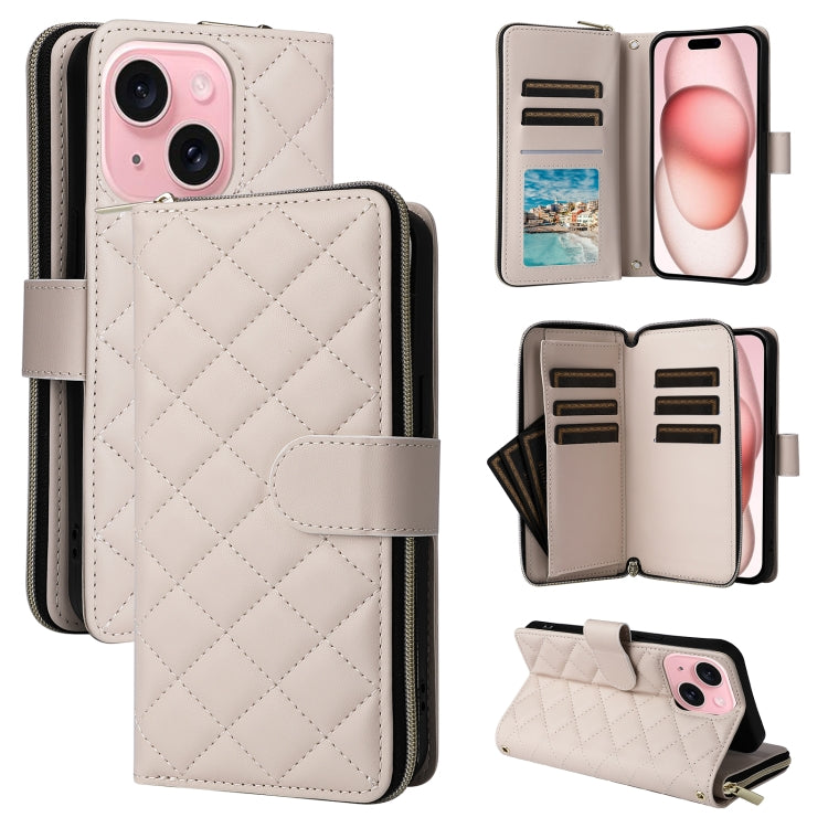 For iPhone 15 Crossbody Rhombic Zipper Tower Buckle Leather Phone Case with Lanyard(Beige) - HoMEdemic™ 