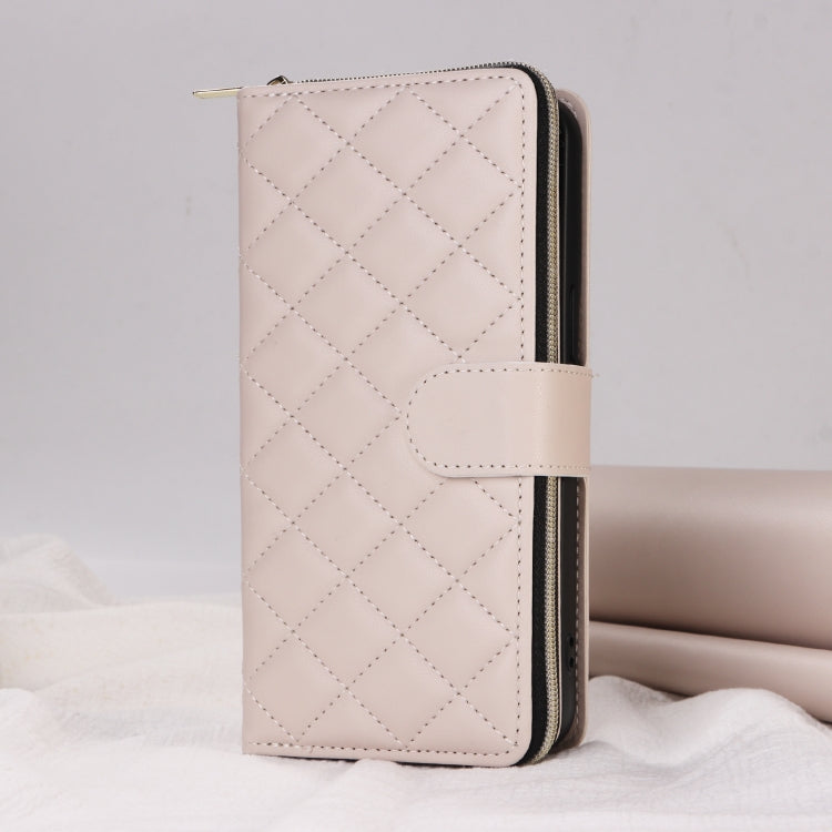 For iPhone 15 Crossbody Rhombic Zipper Tower Buckle Leather Phone Case with Lanyard(Beige) - HoMEdemic™ 