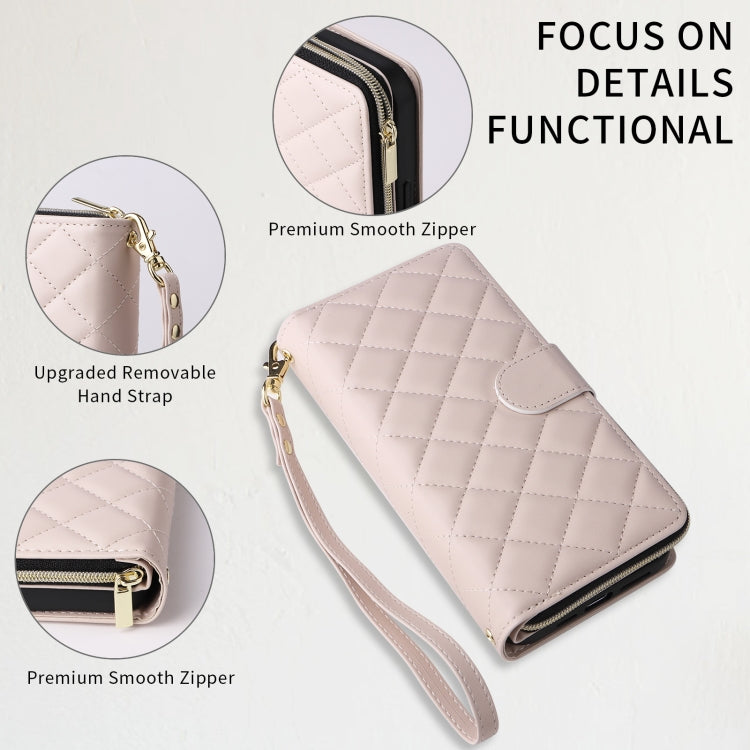 For iPhone 15 Crossbody Rhombic Zipper Tower Buckle Leather Phone Case with Lanyard(Beige) - HoMEdemic™ 