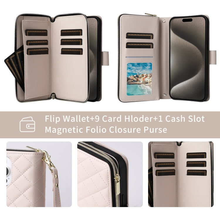 For iPhone 15 Crossbody Rhombic Zipper Tower Buckle Leather Phone Case with Lanyard(Beige) - HoMEdemic™ 