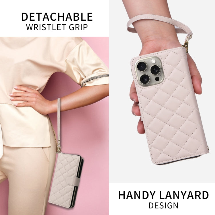For iPhone 15 Crossbody Rhombic Zipper Tower Buckle Leather Phone Case with Lanyard(Beige) - HoMEdemic™ 