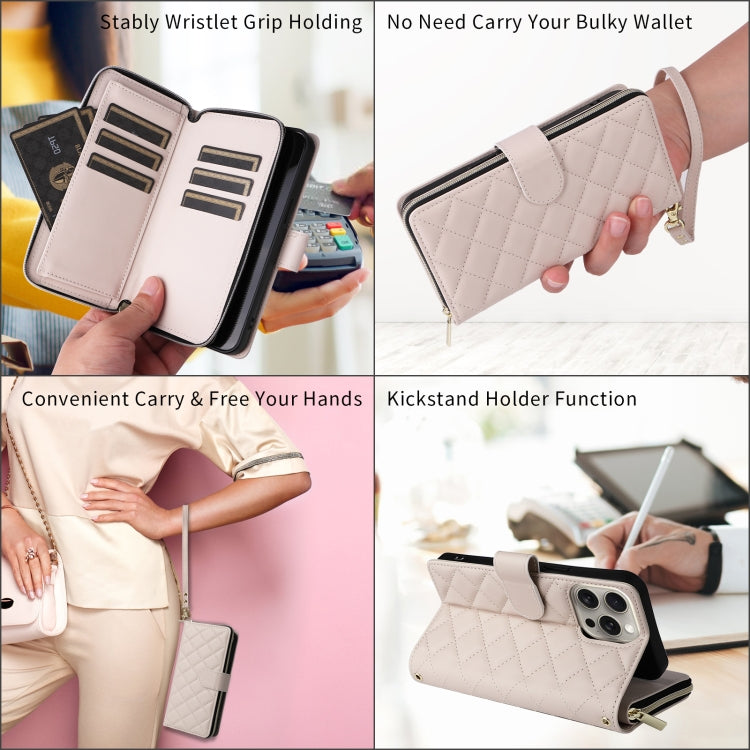 For iPhone 15 Crossbody Rhombic Zipper Tower Buckle Leather Phone Case with Lanyard(Beige) - HoMEdemic™ 