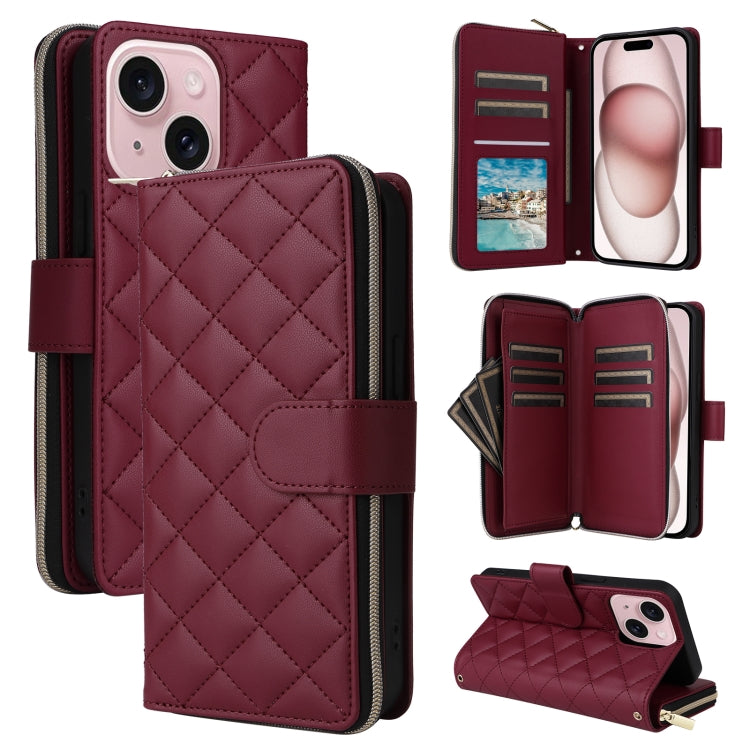 For iPhone 15 Crossbody Rhombic Zipper Tower Buckle Leather Phone Case with Lanyard(Wine Red) - HoMEdemic™ 