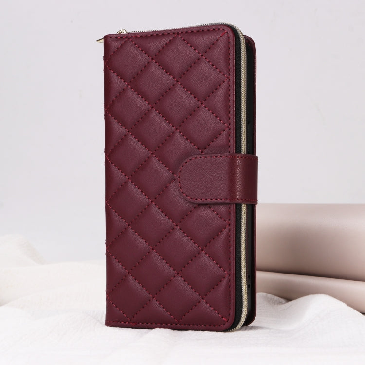 For iPhone 15 Crossbody Rhombic Zipper Tower Buckle Leather Phone Case with Lanyard(Wine Red) - HoMEdemic™ 