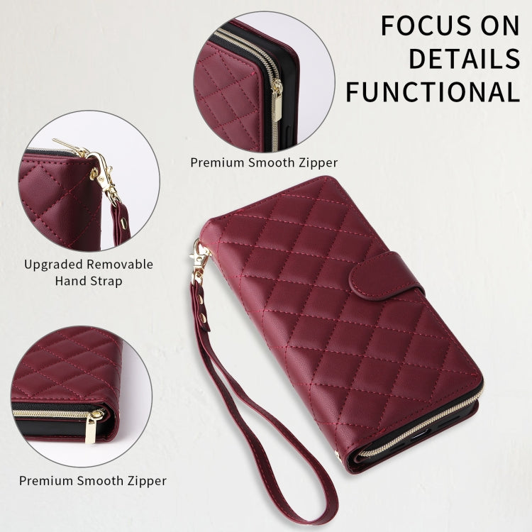 For iPhone 15 Crossbody Rhombic Zipper Tower Buckle Leather Phone Case with Lanyard(Wine Red) - HoMEdemic™ 