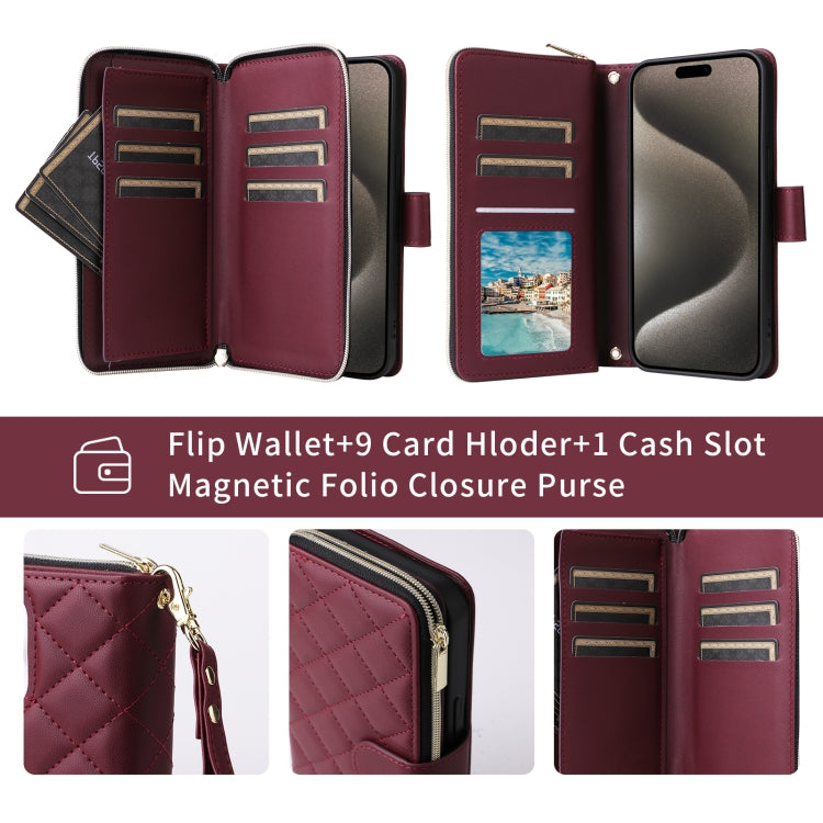 For iPhone 15 Crossbody Rhombic Zipper Tower Buckle Leather Phone Case with Lanyard(Wine Red) - HoMEdemic™ 