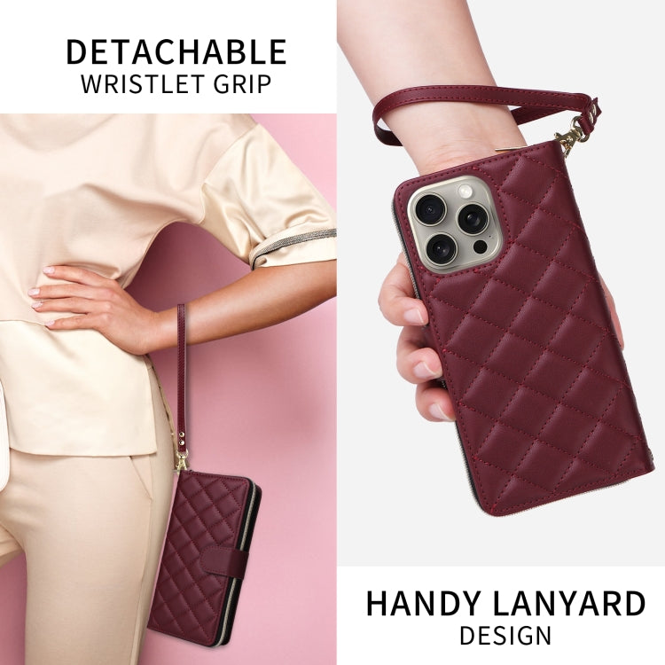 For iPhone 15 Crossbody Rhombic Zipper Tower Buckle Leather Phone Case with Lanyard(Wine Red) - HoMEdemic™ 